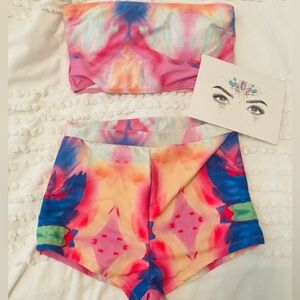 Rave Outfit EDM Hippie Tie-Dye Women's Costume Bandeau Too and Hot Shorts Small